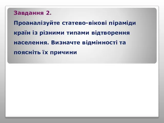 Завдання 2. Проаналізуйте статево-вікові піраміди країн із різними типами відтворення населення.