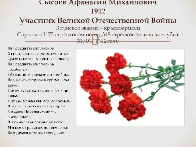 Сысоев Афанасий Михайлович 1912 Участник Великой Отечественной Войны Воинское звание –