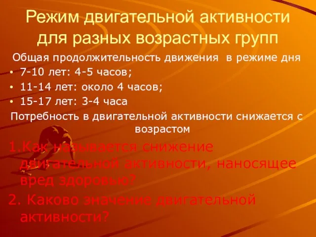 Режим двигательной активности для разных возрастных групп Общая продолжительность движения в