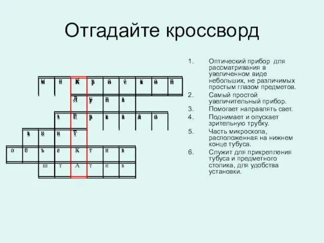 Отгадайте кроссворд Оптический прибор для рассматривания в увеличенном виде небольших, не