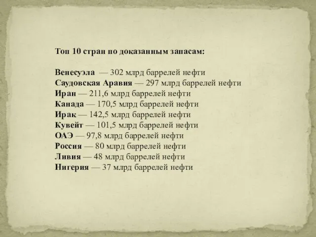 Топ 10 стран по доказанным запасам: Венесуэла — 302 млрд баррелей