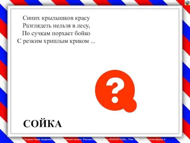 Синих крылышков красу Разглядеть нельзя в лесу, По сучкам порхает бойко