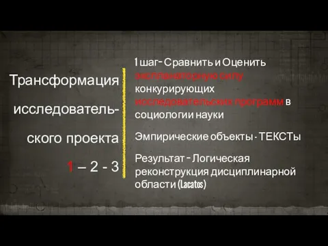 Трансформация исследователь-ского проекта 1 – 2 - 3 1 шаг– Сравнить