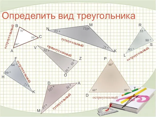 Определить вид треугольника остроугольный тупоугольный остроугольный прямоугольный остроугольный тупоугольный остроугольный