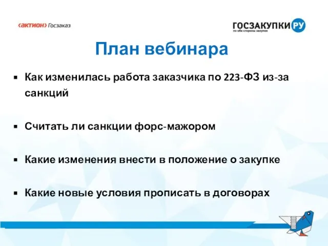 План вебинара Как изменилась работа заказчика по 223-ФЗ из-за санкций Считать