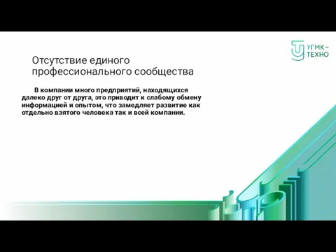 Отсутствие единого профессионального сообщества В компании много предприятий, находящихся далеко друг