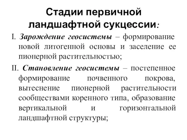 Стадии первичной ландшафтной сукцессии: I. Зарождение геосистемы – формирование новой литогенной