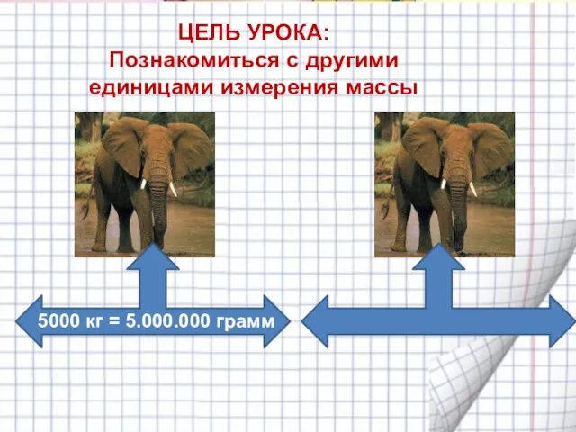 5000 кг = 5.000.000 грамм ЦЕЛЬ УРОКА: Познакомиться с другими единицами измерения массы