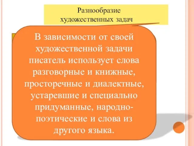 Разнообразие художественных задач Показать далёкое прошлое, современность, вымышленное будущее Изобразить жизнь