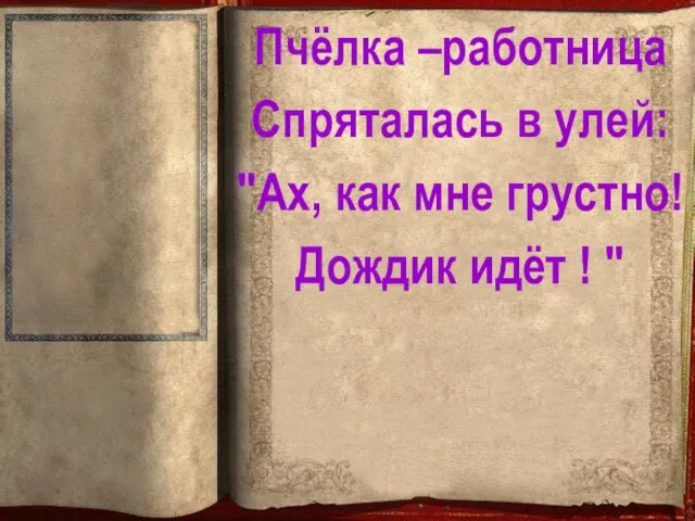 Пчёлка –работница Спряталась в улей: "Ах, как мне грустно! Дождик идёт ! "