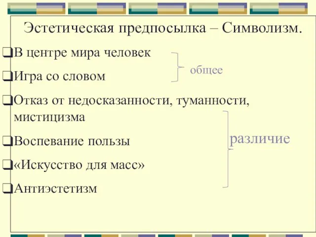 Эстетическая предпосылка – Символизм. В центре мира человек Игра со словом