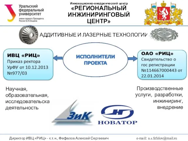 АДДИТИВНЫЕ И ЛАЗЕРНЫЕ ТЕХНОЛОГИИ Директор ИВЦ «РИЦ» - к.т.н., Фефелов Алексей