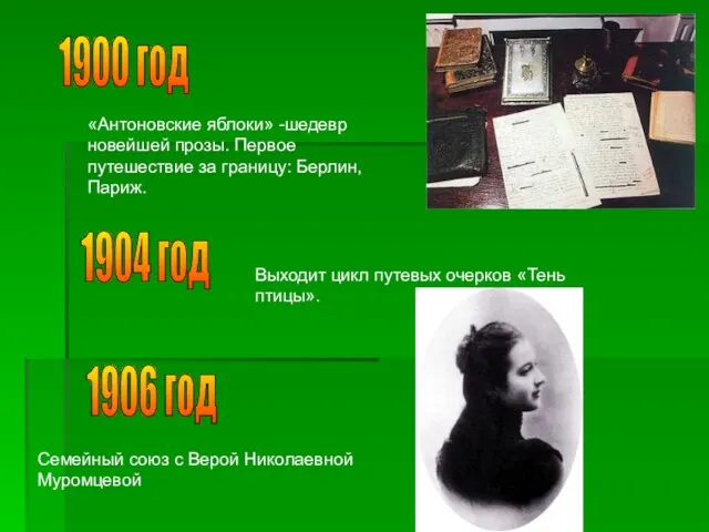 1900 год «Антоновские яблоки» -шедевр новейшей прозы. Первое путешествие за границу: