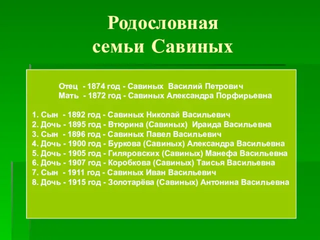 Родословная семьи Савиных Отец - 1874 год - Савиных Василий Петрович