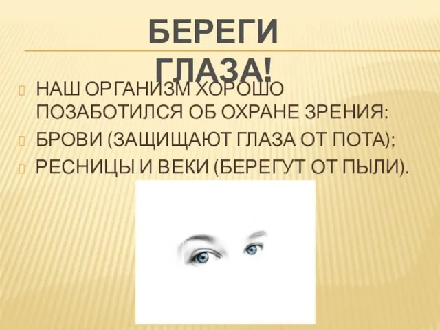 НАШ ОРГАНИЗМ ХОРОШО ПОЗАБОТИЛСЯ ОБ ОХРАНЕ ЗРЕНИЯ: БРОВИ (ЗАЩИЩАЮТ ГЛАЗА ОТ