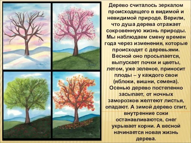 Дерево считалось зеркалом происходящего в видимой и невидимой природе. Верили, что