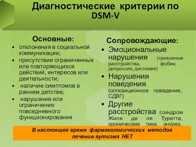 Основные: отклонения в социальной коммуникации; присутствии ограниченных или повторяющихся действий, интересов