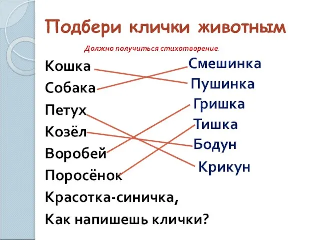 Подбери клички животным Кошка Собака Петух Козёл Воробей Поросёнок Красотка-синичка, Как