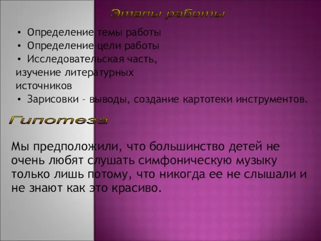 Определение темы работы Определение цели работы Исследовательская часть, изучение литературных источников