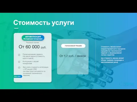 Стоимость услуги От 60 000 руб. АВТОМАТИЗАЦИЯ Исходящие/входящие ГОЛОСОВОЙ ТРАФИК Стоимость