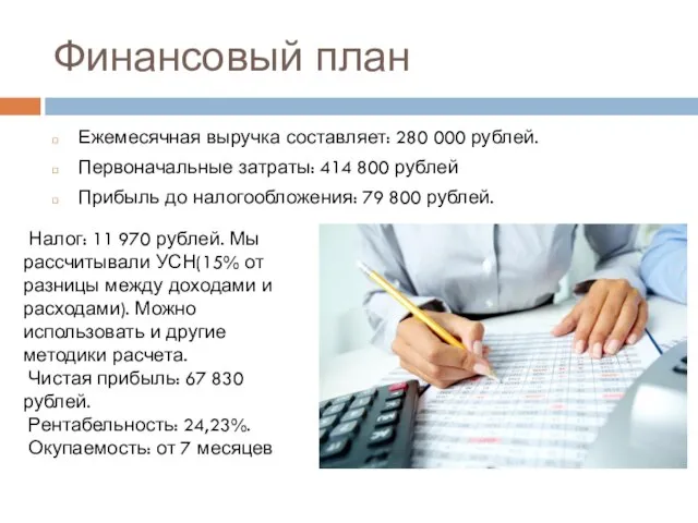Финансовый план Ежемесячная выручка составляет: 280 000 рублей. Первоначальные затраты: 414