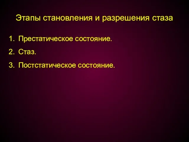 Этапы становления и разрешения стаза Престатическое состояние. Стаз. Постстатическое состояние.