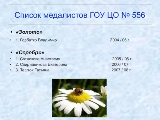 Список медалистов ГОУ ЦО № 556 «Золото» 1. Горбатко Владимир 2004