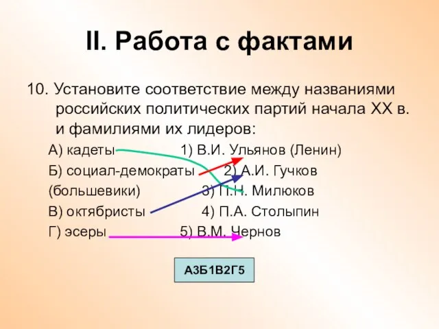 II. Работа с фактами 10. Установите соответствие между названиями российских политических