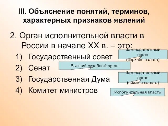 III. Объяснение понятий, терминов, характерных признаков явлений 2. Орган исполнительной власти