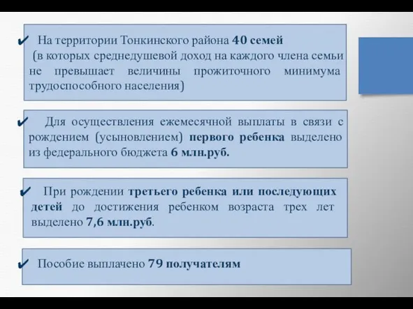 На территории Тонкинского района 40 семей (в которых среднедушевой доход на