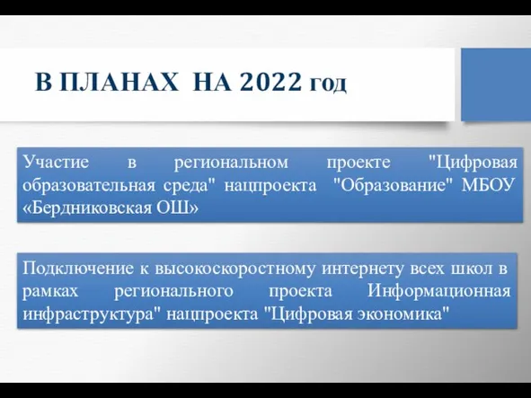 В ПЛАНАХ НА 2022 год Участие в региональном проекте "Цифровая образовательная