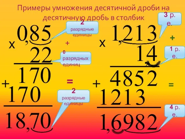 Примеры умножения десятичной дроби на десятичную дробь в столбик , х