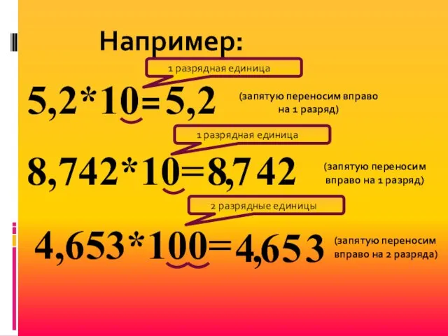 Например: 4,653*100= 8,742*10= 5,2*10= 42 , 7 8 5 , 2