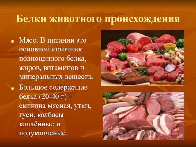 Белки животного происхождения Мясо. В питании это основной источник полноценного белка,