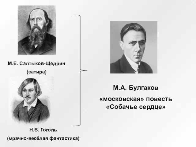 Н.В. Гоголь (мрачно-весёлая фантастика) М.Е. Салтыков-Щедрин (сатира) М.А. Булгаков «московская» повесть «Собачье сердце»