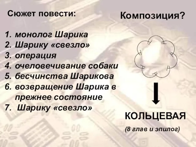 Сюжет повести: монолог Шарика Шарику «свезло» операция очеловечивание собаки бесчинства Шарикова