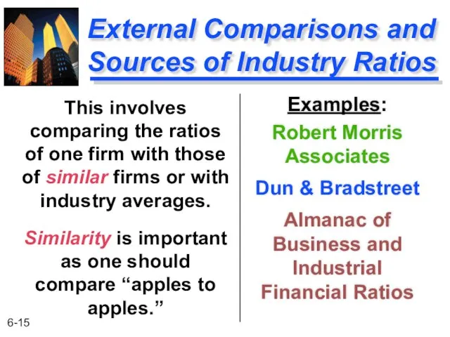 External Comparisons and Sources of Industry Ratios Examples: Robert Morris Associates