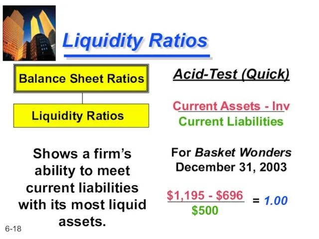 Liquidity Ratios Acid-Test (Quick) Current Assets - Inv Current Liabilities For