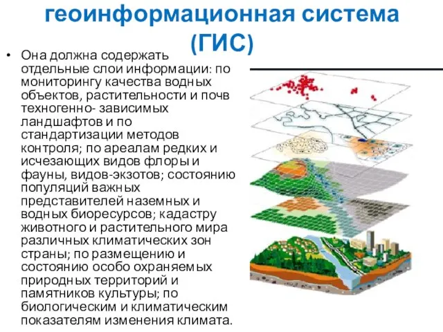 геоинформационная система (ГИС) Она должна содержать отдельные слои информации: по мониторингу