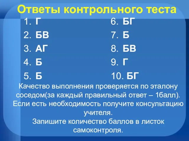 Ответы контрольного теста 1. Г 2. БВ 3. АГ 4. Б