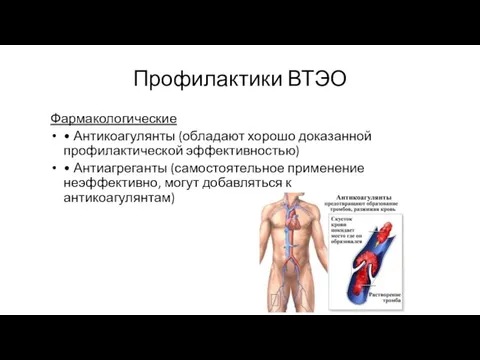 Профилактики ВТЭО Фармакологические • Антикоагулянты (обладают хорошо доказанной профилактической эффективностью) •