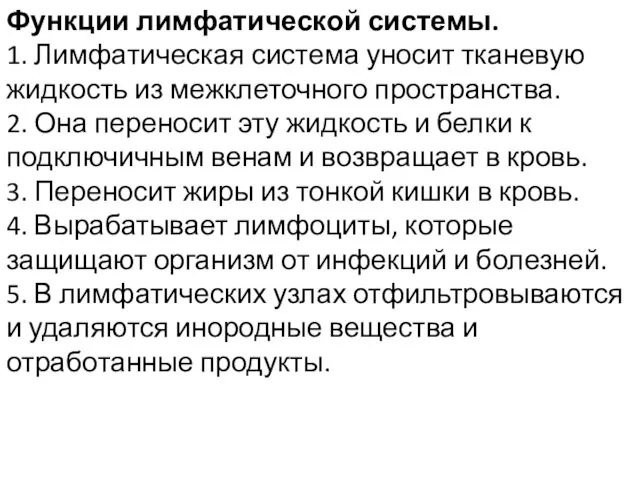 Функции лимфатической системы. 1. Лимфатическая система уносит тканевую жидкость из межклеточного