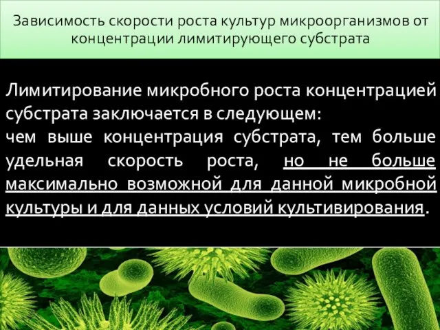 Лимитирование микробного роста концентрацией субстрата заключается в следующем: чем выше концентрация