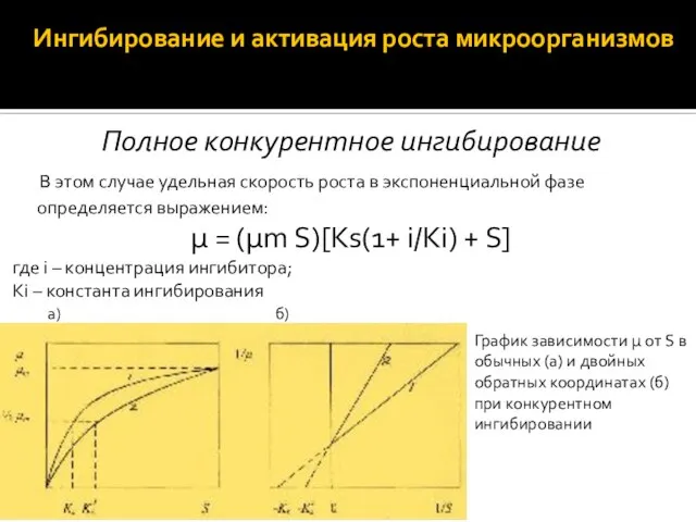 Ингибирование и активация роста микроорганизмов Полное конкурентное ингибирование В этом случае