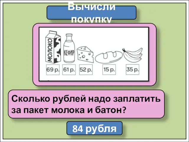 Вычисли покупку Сколько рублей надо заплатить за пакет молока и батон? 84 рубля