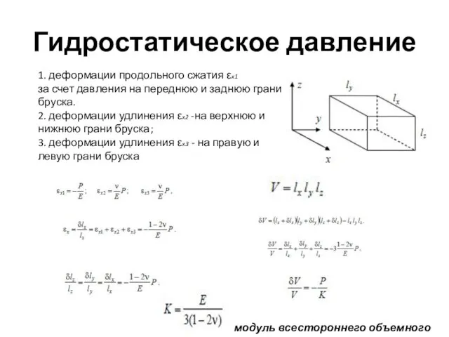 Гидростатическое давление 1. деформации продольного сжатия εx1 за счет давления на