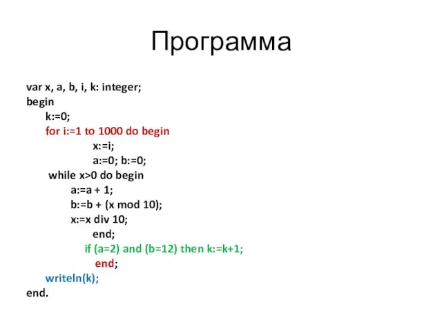 Программа var x, a, b, i, k: integer; begin k:=0; for