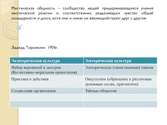 Эдвард Тириякиян 1976г. Мистическая общность – сообщество людей придерживающихся учения мистической