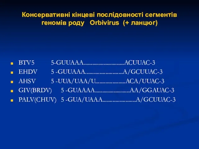 Консервативні кінцеві послідовності сегментів геномів роду Оrbivirus (+ ланцюг) BTV5 5-GUUAAA............................ACUUAC-3