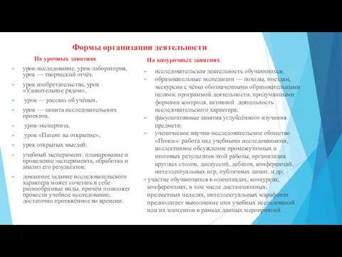 Формы организации деятельности На урочных занятиях урок-исследование, урок-лаборатория, урок — творческий